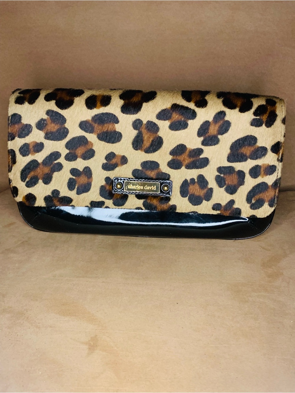 Charles David Leopard Print Clutch with Calfhair and Black Patent Leather Trim